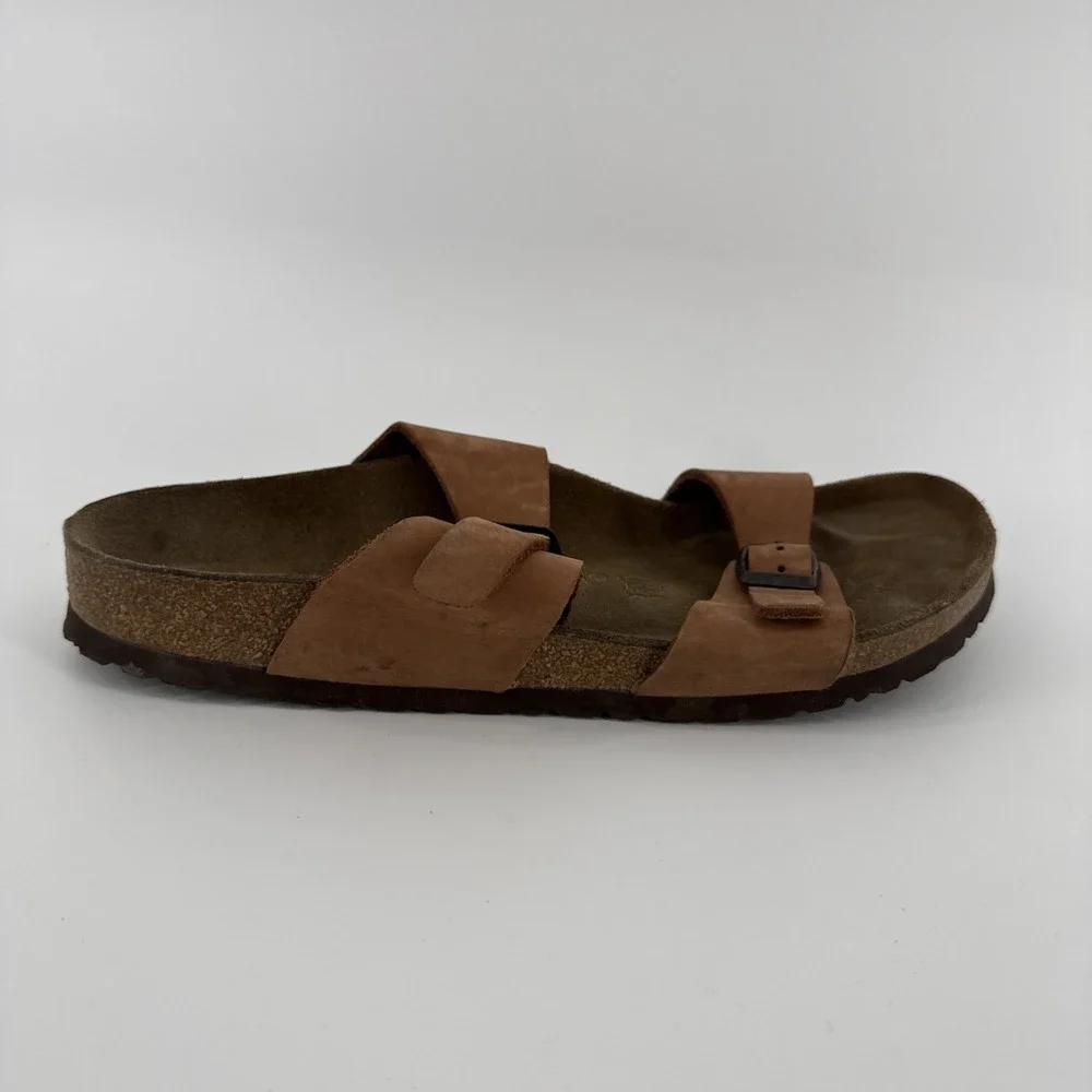 Birkenstock Arizona Sandals Men 42 US 9 Brown Leather 2 Strap Buckle Slides